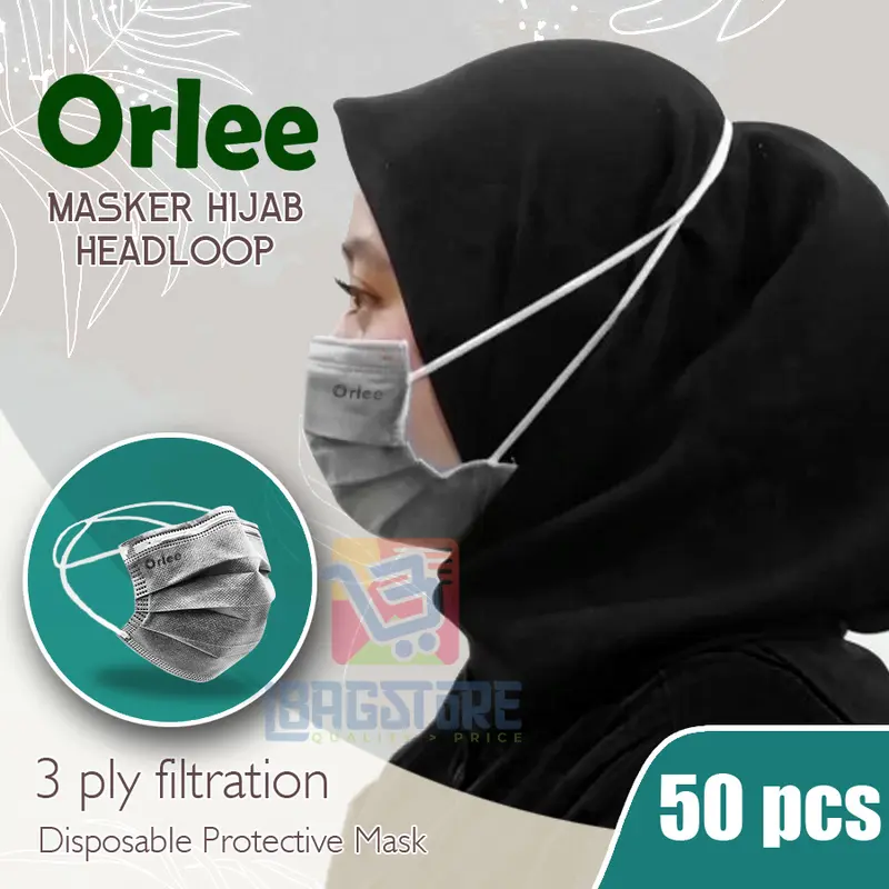 Masker Headloop Hijab 3 Ply Lapis 3Ply ORLEE Abu Abu2 Grey isi 50 Pcs 1