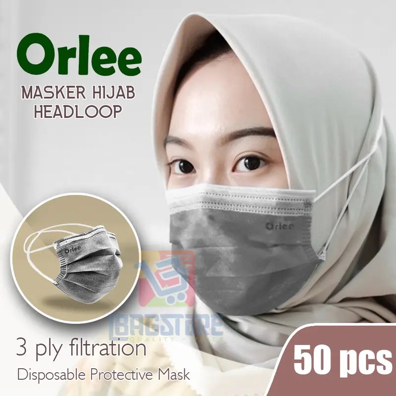 Masker Headloop Hijab 3 Ply Lapis 3Ply ORLEE Abu Abu2 Grey isi 50 Pcs 0