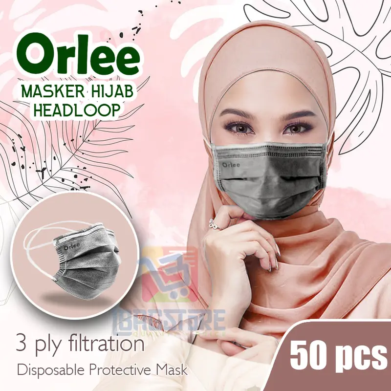 Masker Headloop Hijab 3 Ply Lapis 3Ply ORLEE Abu Abu2 Grey isi 50 Pcs 2