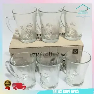 Gelas Kopi Kaca Kecil Gagang Motif Timbul Satu Set Isi 6 Pcs