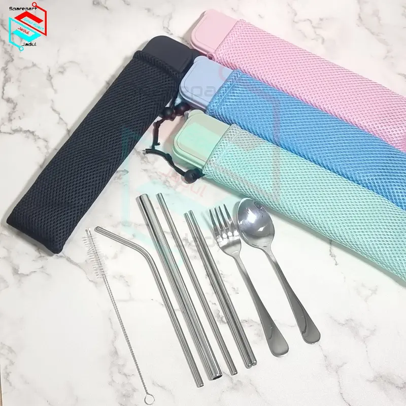 Paket Set Sendok Garpu Sumpit Sedotan Set 7 in 1 Alat Makan Stainless 0