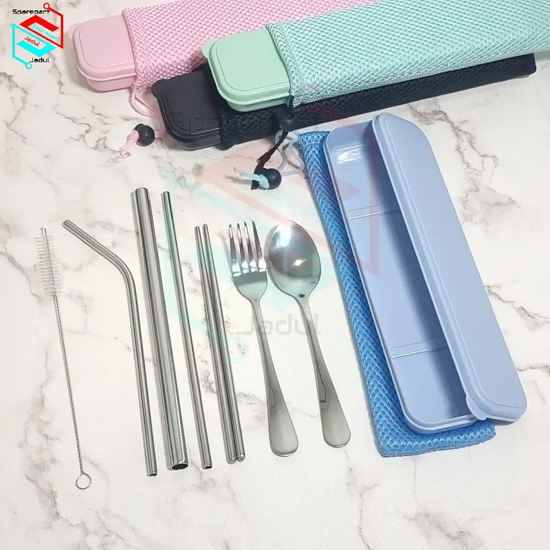 Paket Set Sendok Garpu Sumpit Sedotan Set 7 in 1 Alat Makan Stainless 2