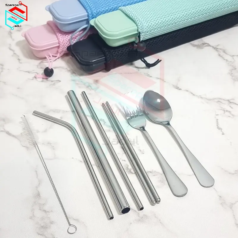 Paket Set Sendok Garpu Sumpit Sedotan Set 7 in 1 Alat Makan Stainless 1