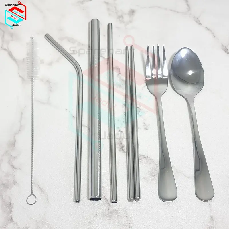 Paket Set Sendok Garpu Sumpit Sedotan Set 7 in 1 Alat Makan Stainless 4