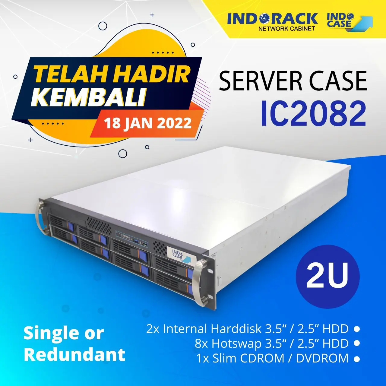 IC2082 - RACKMOUNT CASE 2U 8BAYS HOTSWAP HDD SAS/SATA - INDOCASE