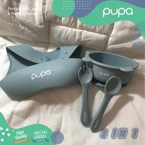 BEAR Set Baby Feeding Silicone Alat Makan Set Bayi Silikon Bib Celemek