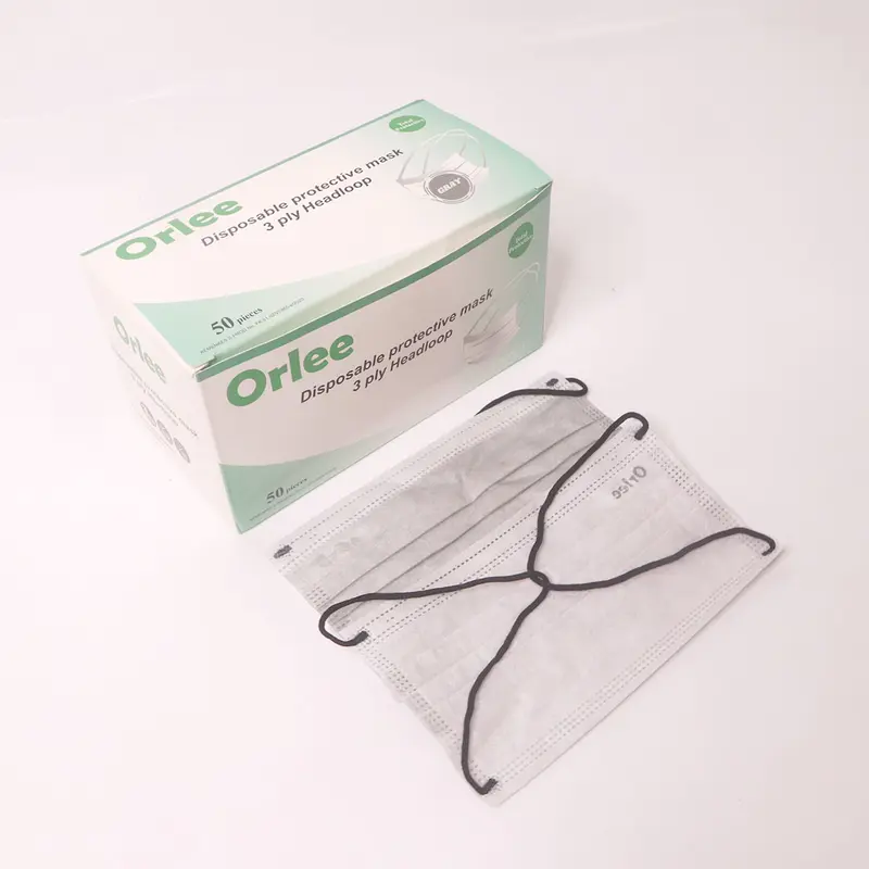 Masker Headloop Hijab 3 Ply Lapis 3Ply ORLEE Abu Abu2 Grey isi 50 Pcs 6