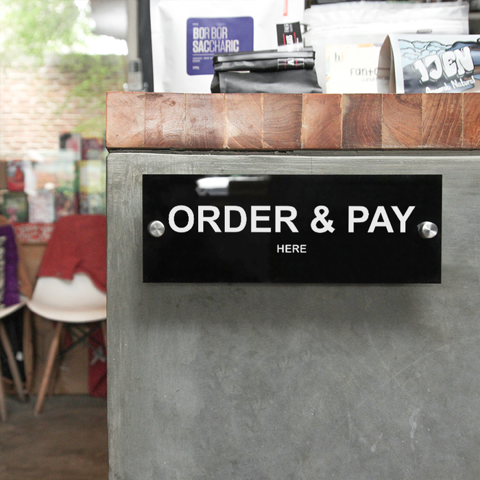Gambar Sign Order & Pay Here Akrilik Stiker + 1 Set Baut Stainless - INPI HOUSE dari INPI HOUSE Official Kota Bandung Tokopedia