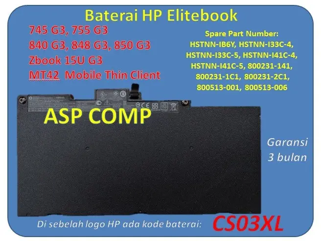 Baterai HP Elitebook 840 G3, 840G3, 848 G3, 848G3, 850 G3, 850G3