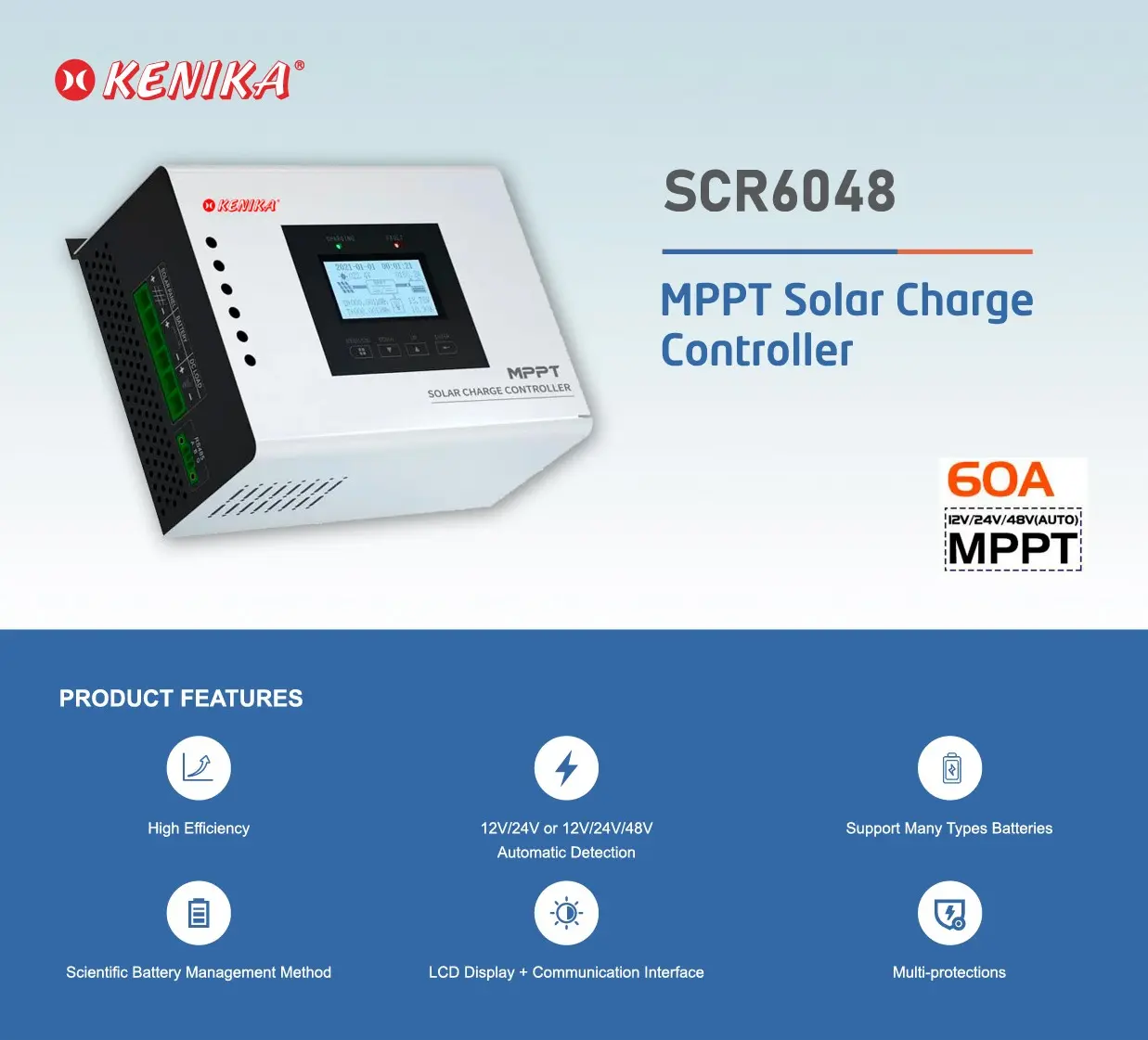 KENIKA SCC MPPT 60A 12V/24V/48V SOLAR CHARGE CONTROLLER [SCR-6048]