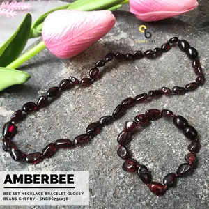 AmberBee Set Kalung Bayi & Anak Tumbuh Gigi Amber Dark Cherry Beans SNGBC75103B Kalung 32-35 cm Gelang 14-15 cm Full Amber Glossy Ikat Mati Tiap Butir
