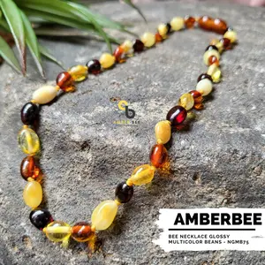 AmberBee Kalung Amber Anak Tumbuh Gigi Multicolor Beans NGMB75 Model Beans Full Amber Glossy 32-35 cm Harga Spesial