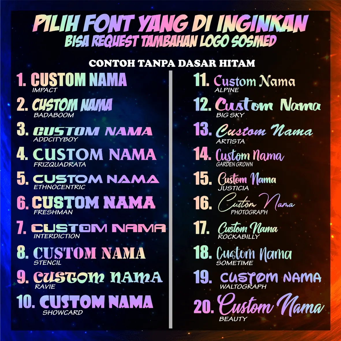 stiker custom nama hologram, nama jepang, bisa request logo sosmed