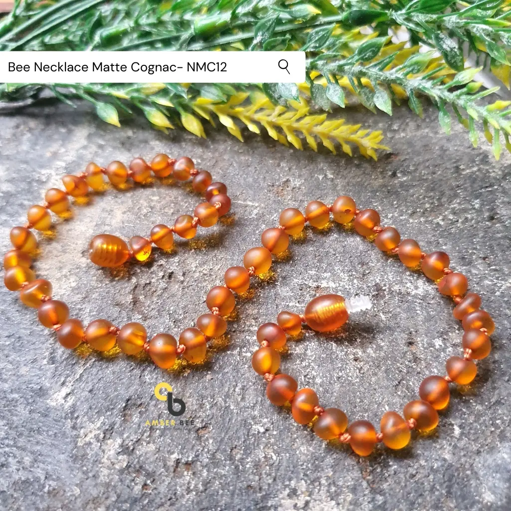 Amber Bee Kalung Amber Anak Premium Matte Cognac NMC12 Model Baroque Full Amber Rantai Nylon Ikat Mati Tiap Butir Lock Ulir Plastik Garansi Uang Kembali