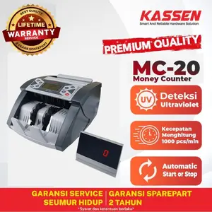 KASSEN MESIN ALAT PENGHITUNG UANG KASSEN MC-20 MONEY BILL COUNTER MC 20 MC20 Dengan Deteksi UV & Kecepatan 1000 Lembar/Min Garansi Seumur Hidup