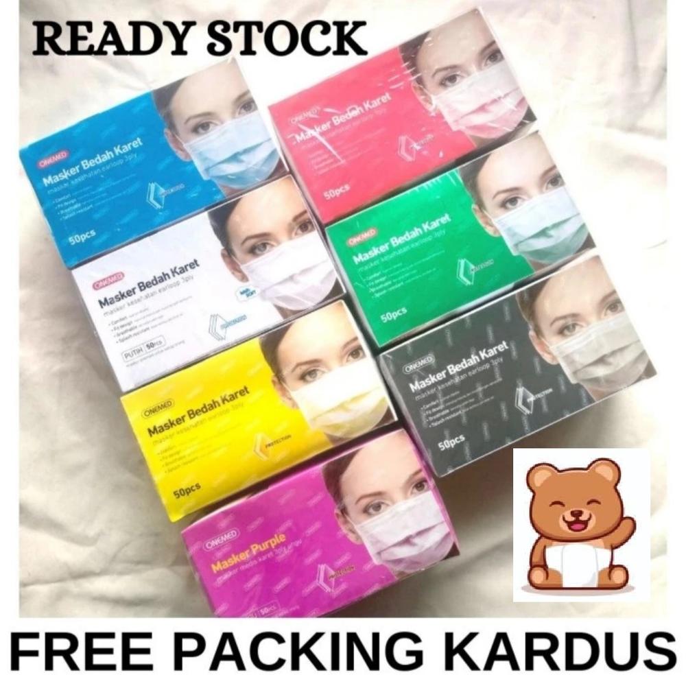 ONEMED MASKER BEDAH KARET EARLOOP 3 PLY / MASKER MEDIS ISI 50 PERBOX Hitam Pink Hijau Kuning Ungu Putih Biru Abu-abu - Biru