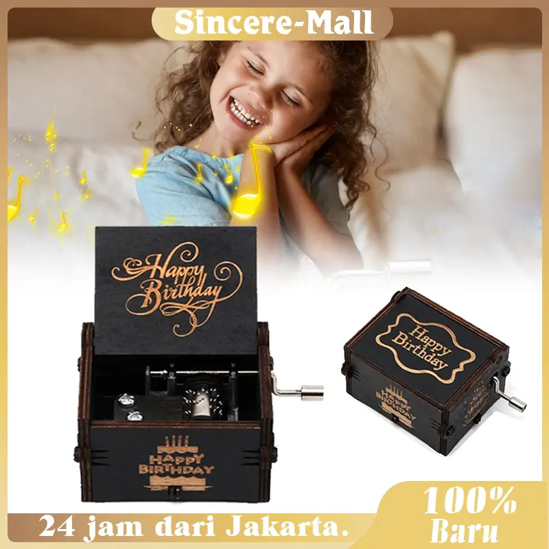 Kotak Musik Kayu Putar Tangan Wooden Music Box Happy Birthday