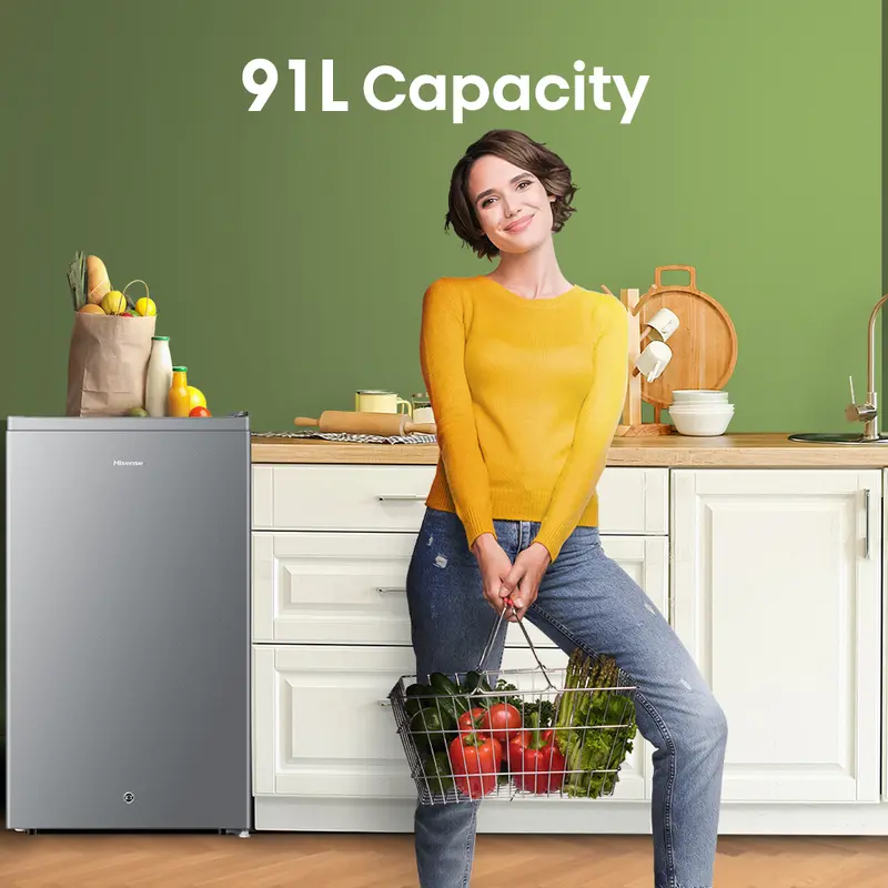 HISENSE-RR120D4IGN-Kulkas Kapasitas 91L-1 Pintu-Ramah Lingkungan-Ruang Pendinginan-Kaki Depan Dapat Disesuaikan-Compact Size-Seperate Chiller-2Liter Rak Muat Botol Ukuran 3