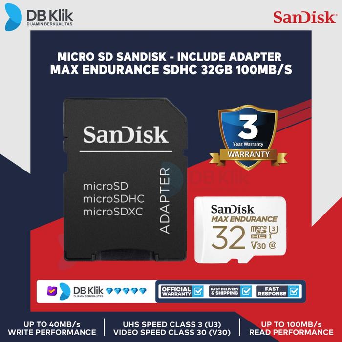 Gambar Micro SD SanDisk MAX ENDURANCE SDHC 32GB 100MB/s (SDSQQVR-032G-GN6IA) dari DBKlik Indonesia Kota Surabaya Tokopedia