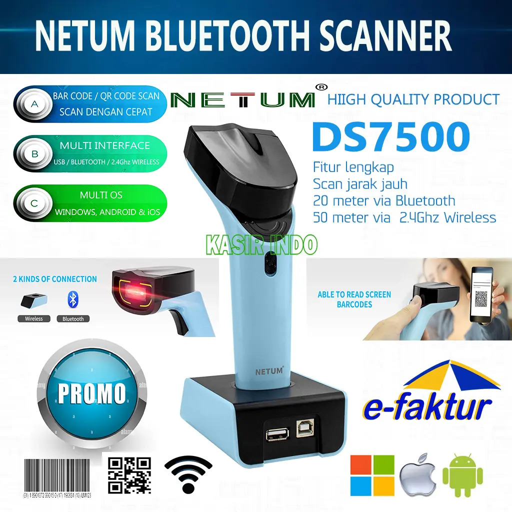 BLUETOOTH WIRELESS SCANNER 1D/2D NETUM DS7500 + RECEIVER + CRADLE