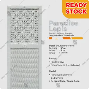 Sketsel Rotan Paradise Lapis Pembatas Ruangan Sintetis Model dengan Roda Kayu Mahoni Anyaman Rotan Ukuran 50cm x 170cm Ready Stock