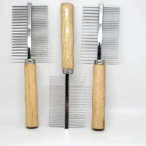 Sisir Bulu Grooming Anjing Kucing Stainless Stell 2 Sisi Gagang Kayu