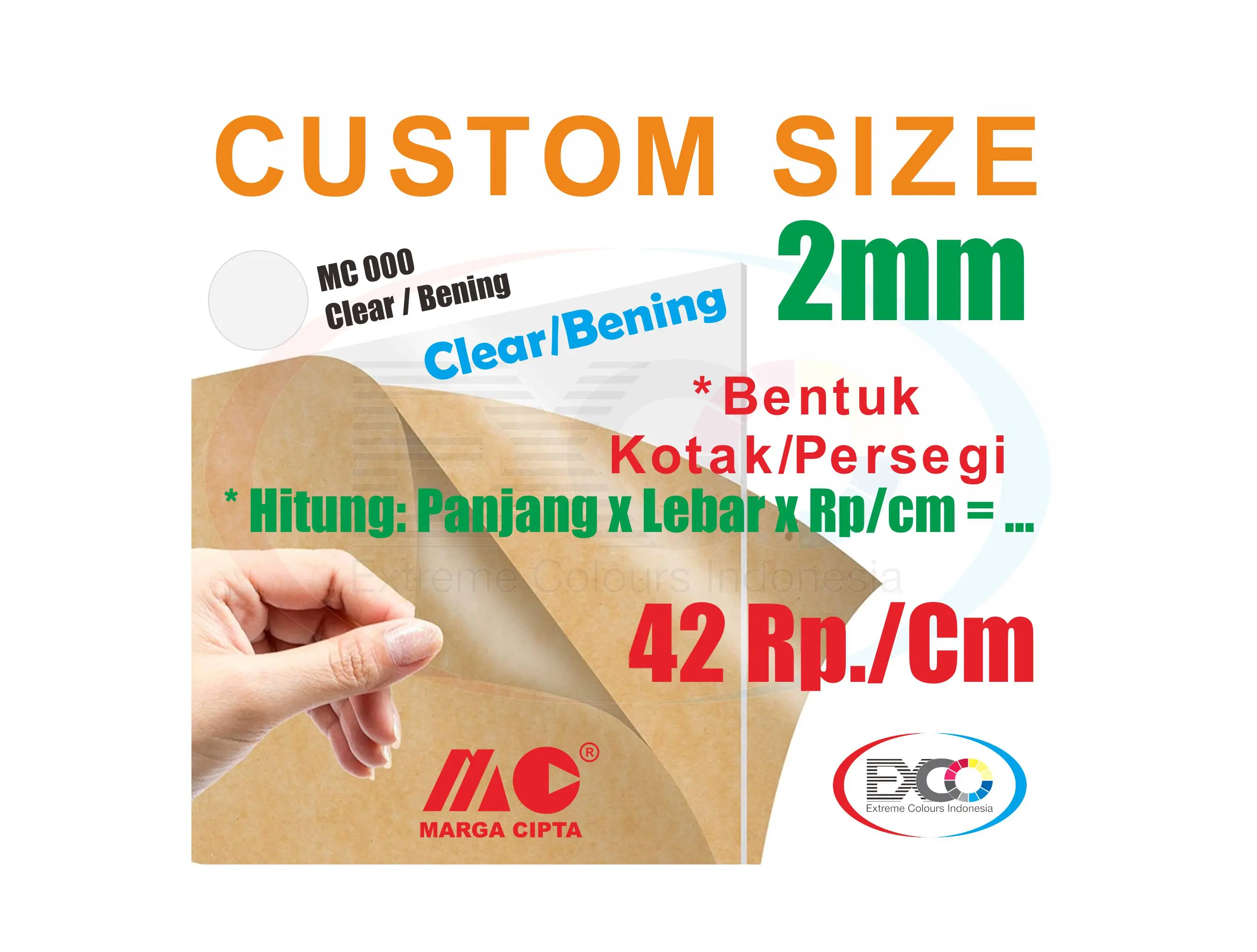Akrilik lembaran 2mm, Custom Size, Bening & Putih Susu