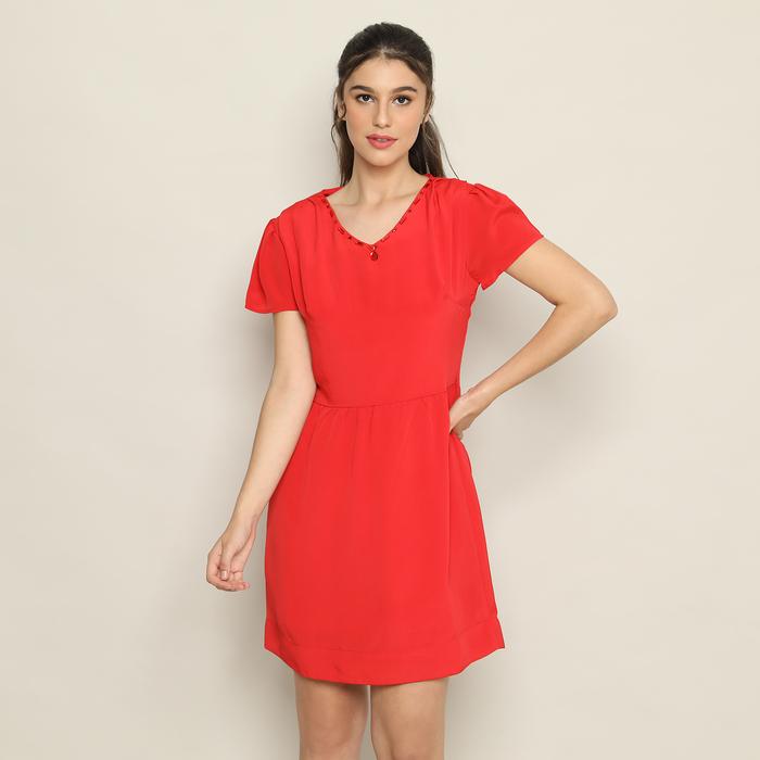 Gambar FAME - V-Neck Dress Wanita Merah - 9510694 - S dari FAME Official Kota Surabaya Tokopedia