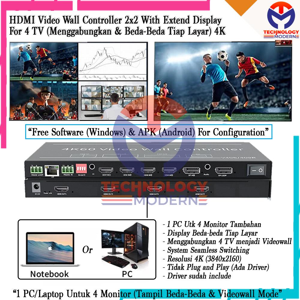 4K HDMI Video Wall Controller 2x2 with Extend 4 Monitor Display