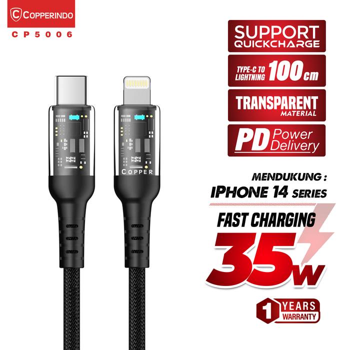 Gambar COPPER Kabel Data Transparan 35W PD - Type-C to Lightning | CP5006 dari Copper Samarinda Official Kota Samarinda Tokopedia