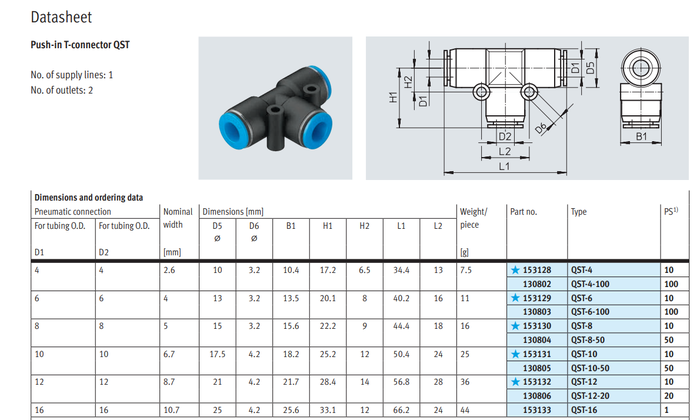 Gambar FESTO PUSH IN T-CONNECTOR ( QST FITTING TEE ) ORIGINAL - QST-06 dari globalhydropneumatic Kota Bekasi Tokopedia