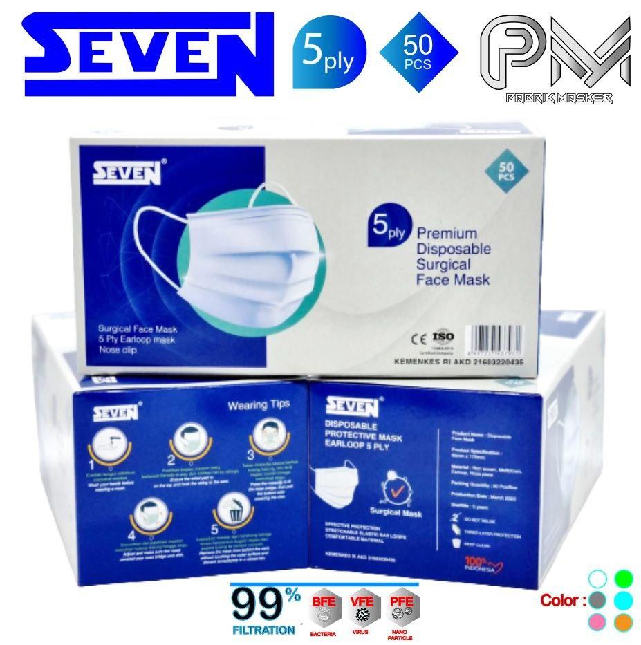 Masker SEVEN PREMIUM Surgical 5ply isi 50pcs Kemenkes / Masker Medis - PRM Putih