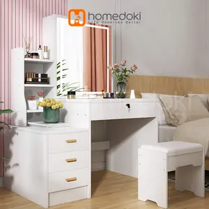 Homedoki Meja Rias Lampu LED Kaca Sliding Minimalis Meja Kosmetik Modern Dengan Ruang Penyimpanan Besar & Cermin Geser 80x36x131cm - Foto