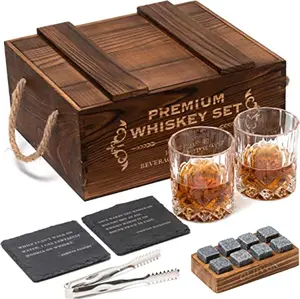 Vintage Wooden Box Whiskey Diamond Glass-Stones Gift Set
