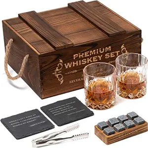 Vintage Wooden Box Whiskey Diamond Glass-Stones Gift Set
