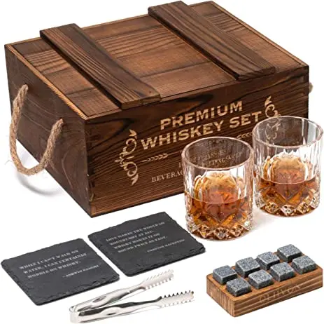Vintage Wooden Box Whiskey Diamond Glass-Stones Gift Set