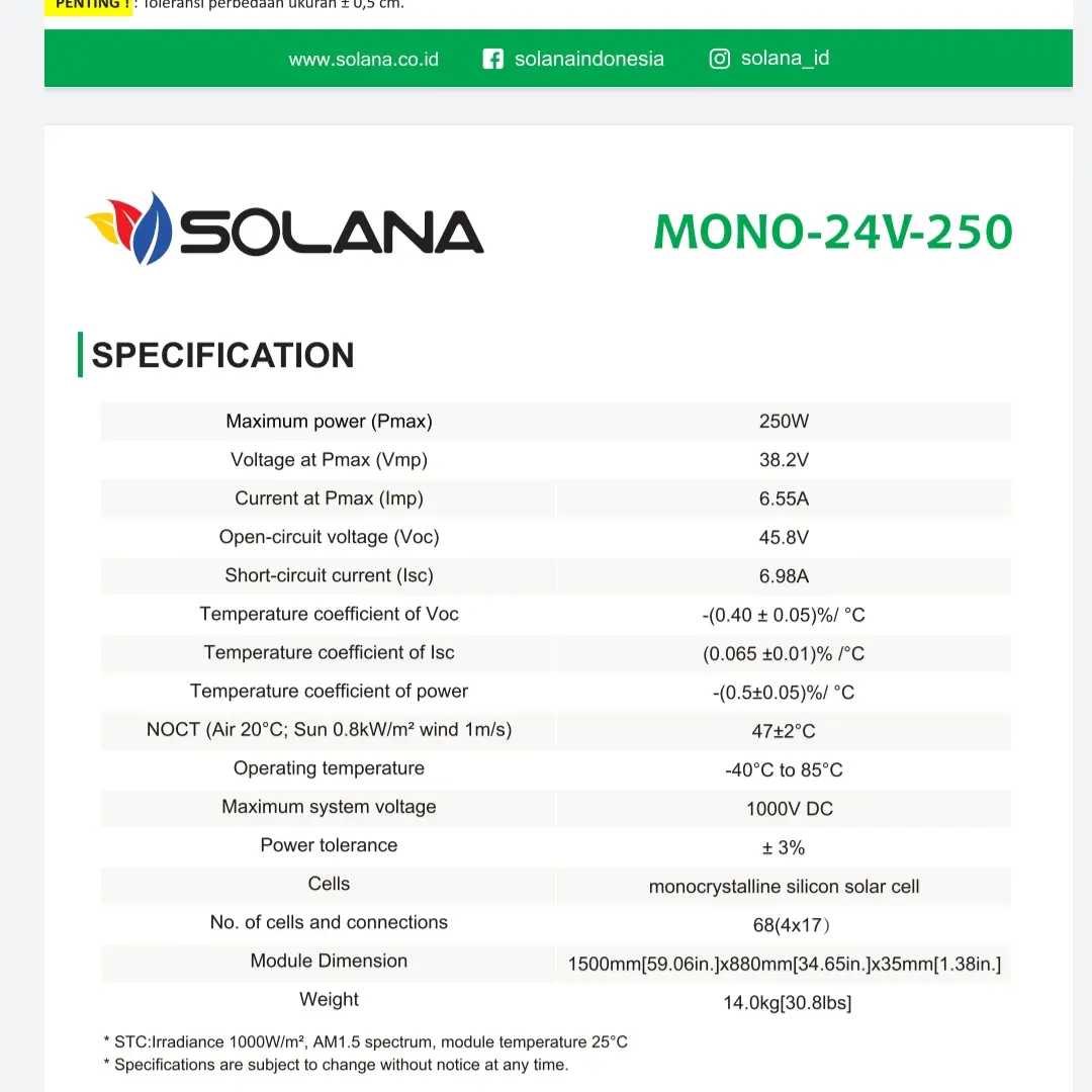 250WP SOLANA SOLAR PANEL MONOCRYSTALIN PRODUK BERKUALITAS