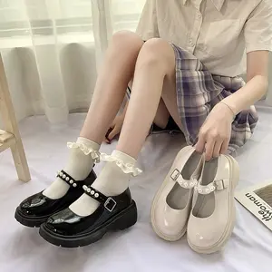 Sepatu Platform Kulit Wanita Motif Strap Mutiara Sole Tumit Tebal 269