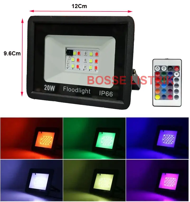 Lampu Kap sorot LED Flood Light RGB Warna Warni 20W Remote