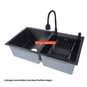 Kitchen sink 2 lobang 8245 hitam komplit set kran fleksibel