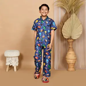 Nyenyak Piyama Anak Laki 10 - 12 Tahun ( Size 12 ) Bahan Katun Sintetis / Atasan Lengan Pendek Celana Panjang / Setelan Baju Tidur Anak Motif Cowok - 1