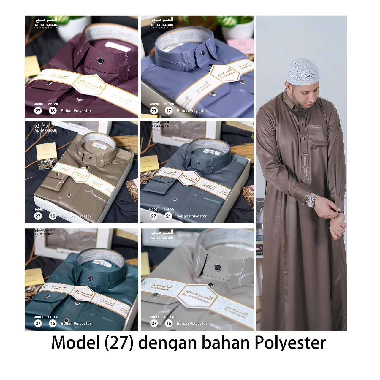 Jubah gamis import saudi Merek Alharamain kerah kemeja Bahan Polyester lengan panjang  Manset Pria Remaja dan  Dewasa Muslim