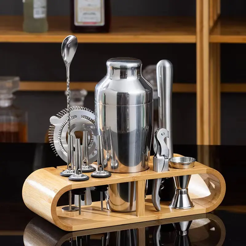 Bartender Set Stainless Steel Boston Bamboo Stand 10in1 wine bar 700ML 0