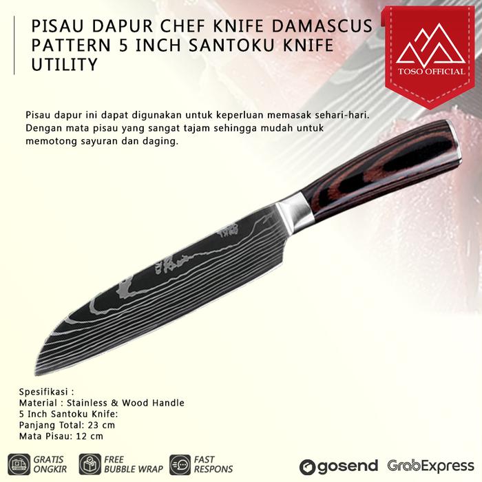 Gambar PISAU DAPUR CHEF KNIFE DAMASCUS PATTERN - 5 INCH SANTOKU KNIFE UTILITY dari Toso Mart Kota Administrasi Jakarta Pusat Tokopedia