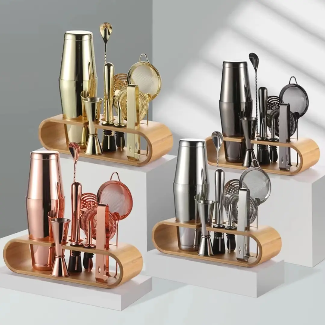 Bartender Set Stainless Steel Boston Bamboo Stand 12in1 wine bar 820ML