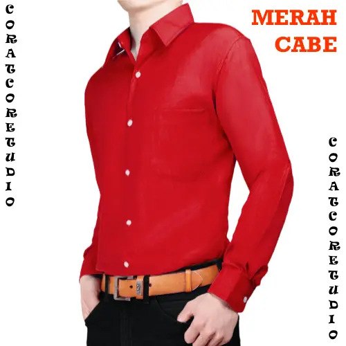 Coratcoretudio Kemeja Pria Panjang Polos Kancing Kantong MERAH CABE