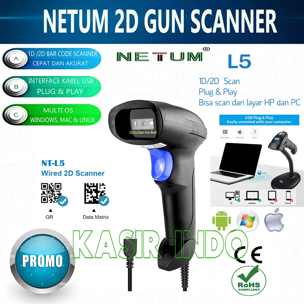 BARCODE SCANNER NETUM L5 1D 2D QR KABEL USB