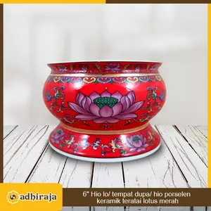 Hio Lo Hiolo Tempat Bakar Dupa Porselen Teratai Lotus 6 Inci Merah