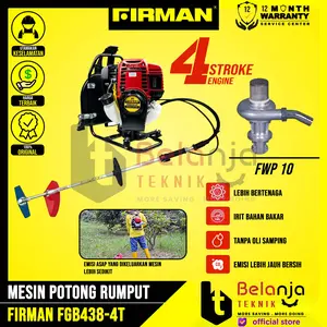 FIRMAN Mesin Potong Rumput Gendong FGB 438 Brush Cutter 4 Tak FGB438 37.7 CC + FWP 10 Mesin Bensin 4 Stroke Engine Lebih Bertenaga Irit Bahan Bakar Tanpa Oli Samping Emisi Lebih Jauh Bersih