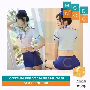 Sexy Lingerie Cosplay Costum Seragam Pramugari Putih Biru